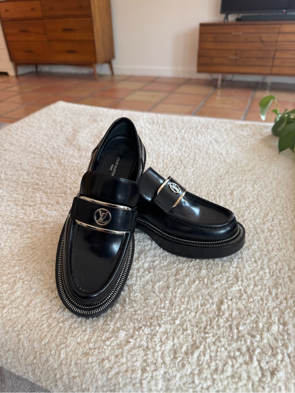 Louis Vuitton Black Patent Leather Women's Loafers with Silver Logo